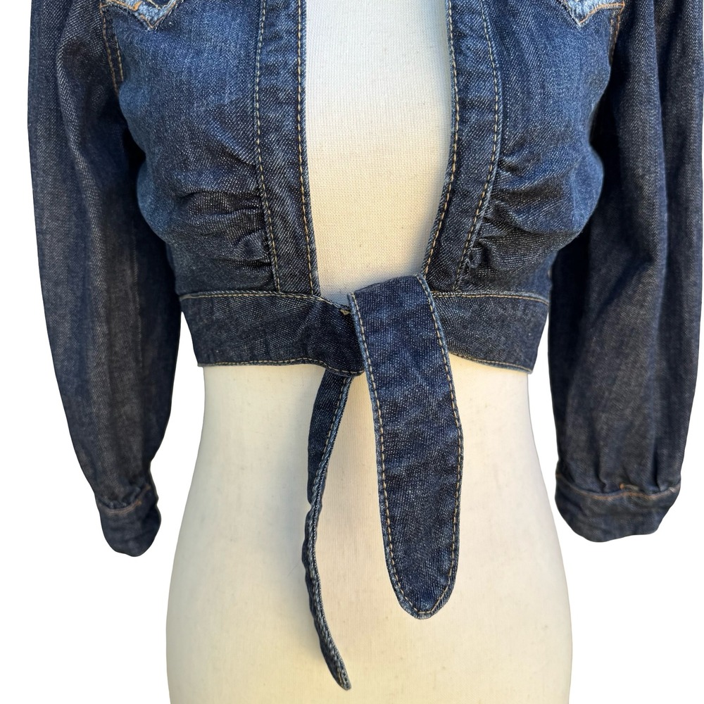 Western Cropped Denim Bolero Shrug Cowgirl Jacket Puff Sleeve Pinup Rockabilly S - Picture 5 of 9